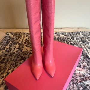 Paris Texas Bold Pink Croc-Embossed Heeled Boots